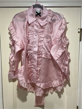 NWOT Edward Achour Pink Ruffle Satin Blouse, Size US 6